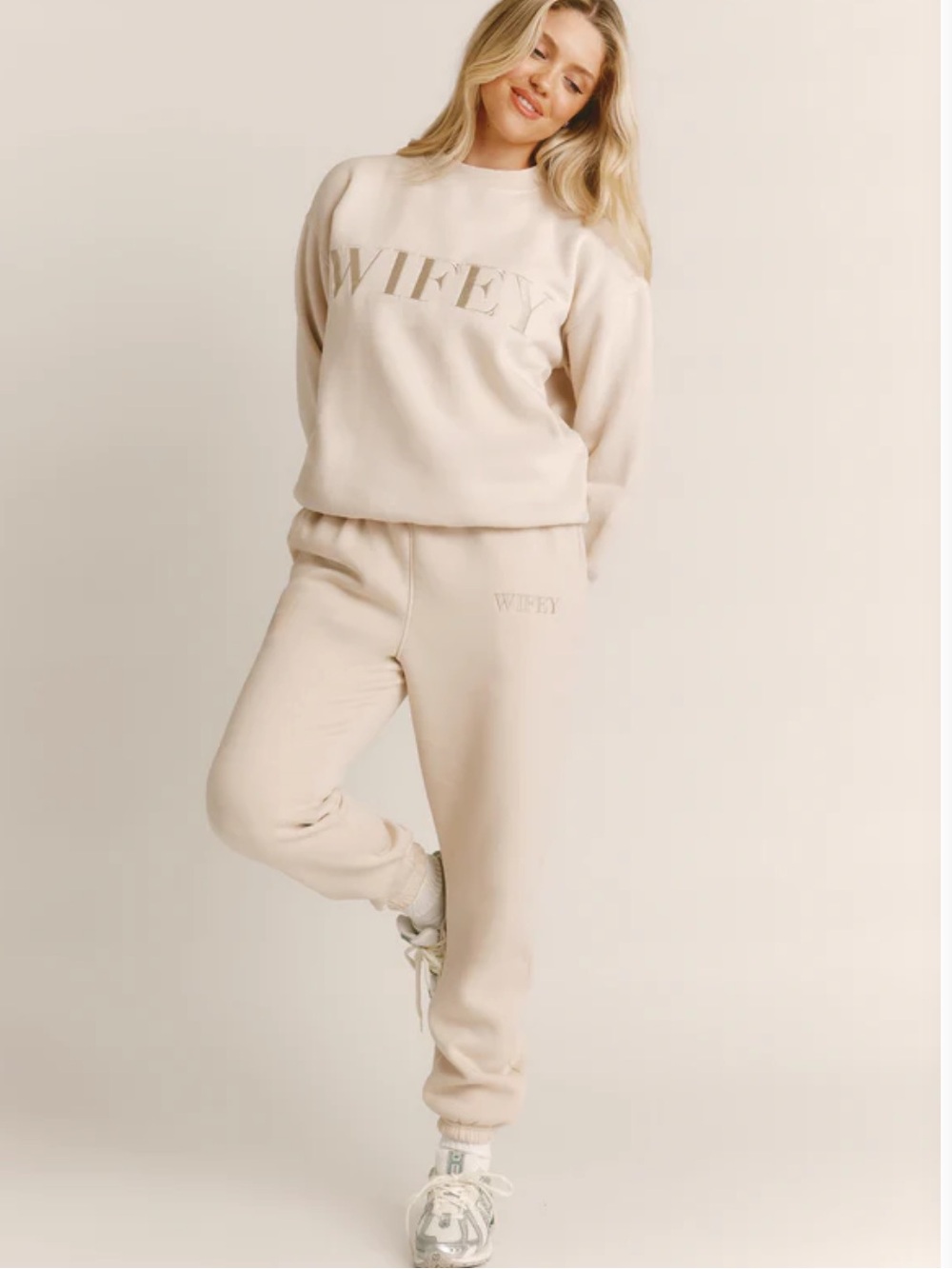 Six Stories Wifey Crewneck and Sweatpants in Cream